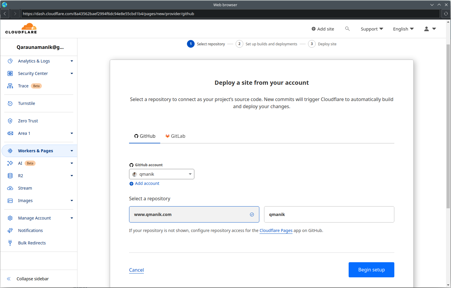 Tampilan akun git di cloudflare